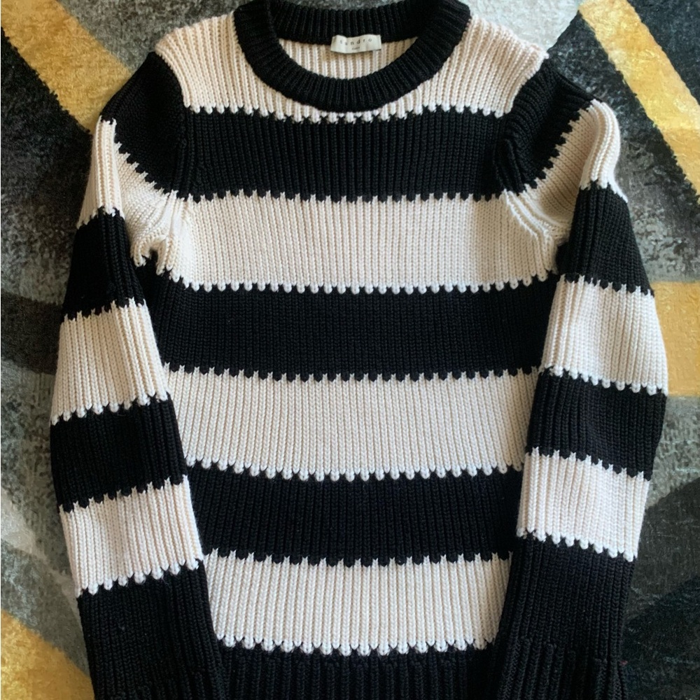 Sandro Black and Cream Striped Crewneck Sweater